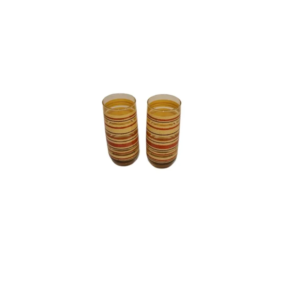Retro Striped Juice Tumblers – Vintage Yellow Amber Orange Glass – Set of 2
